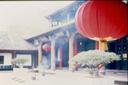 Temple lantern and incense smoke.